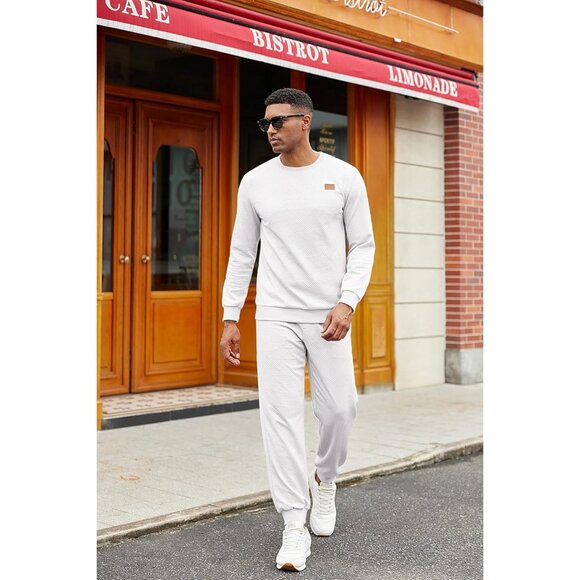 Men's 2 Piece Sweat suit Jogging Suit Set Long Sleeve Jacquard Shirt White - Picture 5 of 6